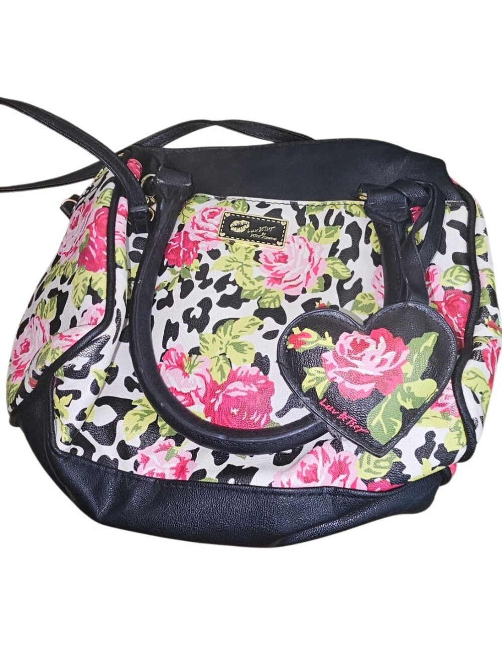 💰Luv Betsey Black Floral Heart Shoulder Bag with Pink Roses